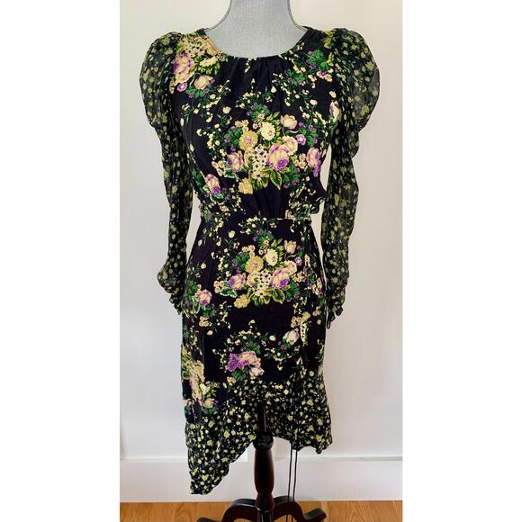 For Love & Lemons Hi-Low Dress in Black Floral Small Long Sleeve Open Tie Back